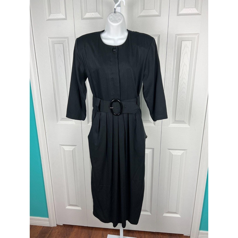 80s Black Belted Midi Dress Pockets Minimalist Career USA Womens 10 - Picture 10 of 10
